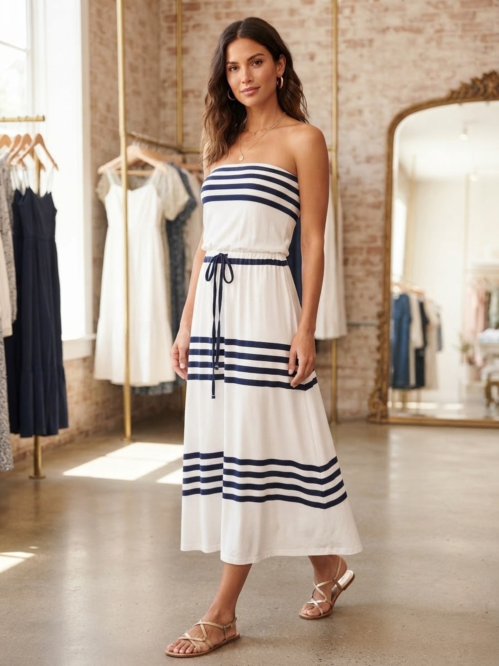 Banana Republic Navy and White Strapless Midi Dress
